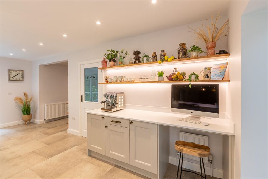 Desk area shelving - 27mm European oak with grooved strip lighting