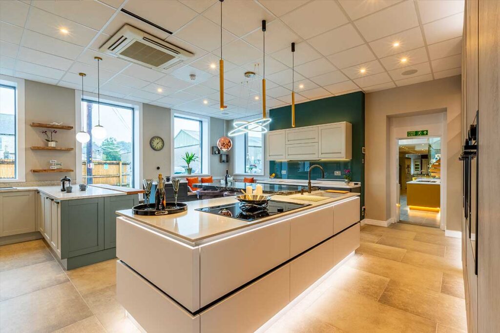 white kitchen display island with led lighting